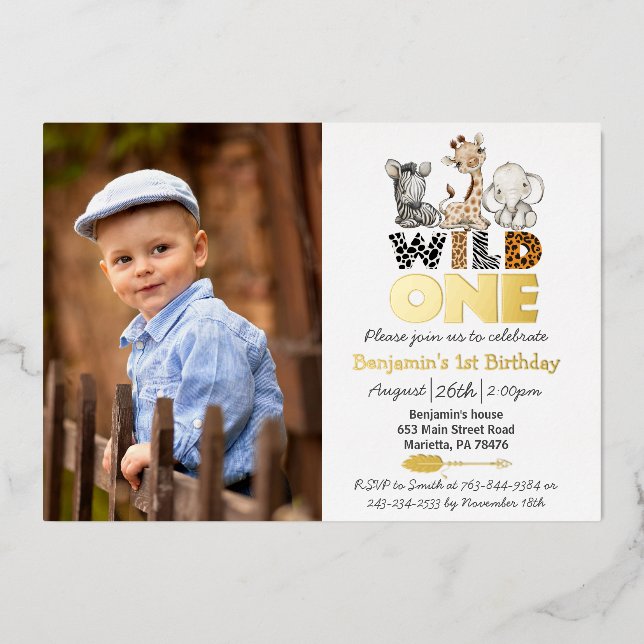Jungle Wild One Foto Real Gold Einladung (Vorderseite)