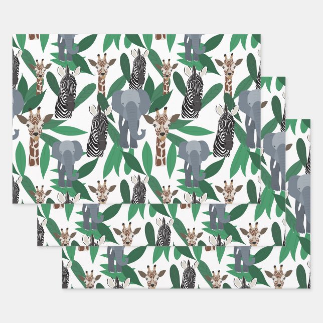 Jungle Zebra Elephant Giraffe Safari Tiere Geschenkpapier Set (Set)