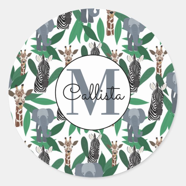 Jungle Zebra Elephant Giraffe Safari Tiere Runder Aufkleber (Vorderseite)