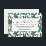 Jungle Zebra Elephant Giraffe Safari Tiere Save The Date<br><div class="desc">Dieses niedliche und moderne Muster ist perfekt für den Tierliebhaber. Hier finden Sie handgezeichnet Safari-Tierbilder wie Zebras, Elefanten und Giraffen mit DschungelBlätter auf weißem Hintergrund. Die Farbe ist grün, hell grün, grau, braun, gelb, schwarz und weiß. Es ist ein trendy und lustiges Muster. Genießen Sie dieses handgezeichnet Illustrationsmuster des Künstlers...</div>