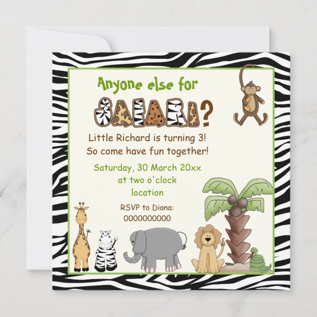 Jungle zebra safari Kindergeburtstag Party Einladung (Vorderseite)
