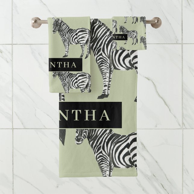 Jungle Zebra Wild Pattern & Personalized Name Badhandtuch Set (Von Creator hochgeladen)
