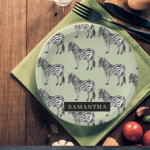 Jungle Zebra Wild Pattern & Personalized Name Pappteller