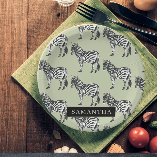 Jungle Zebra Wild Pattern & Personalized Name Pappteller (Von Creator hochgeladen)