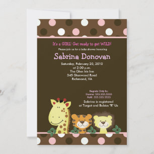 JUNGLE ZOO PARTY 12x18 Brown/Pink Babydusche Einladung