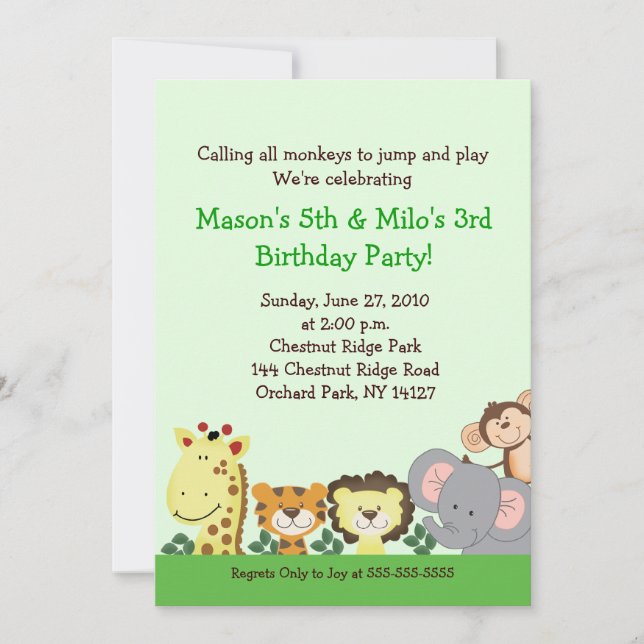JUNGLE ZOO PARTY 5x7 Custom Birthday Invitation (Devant)