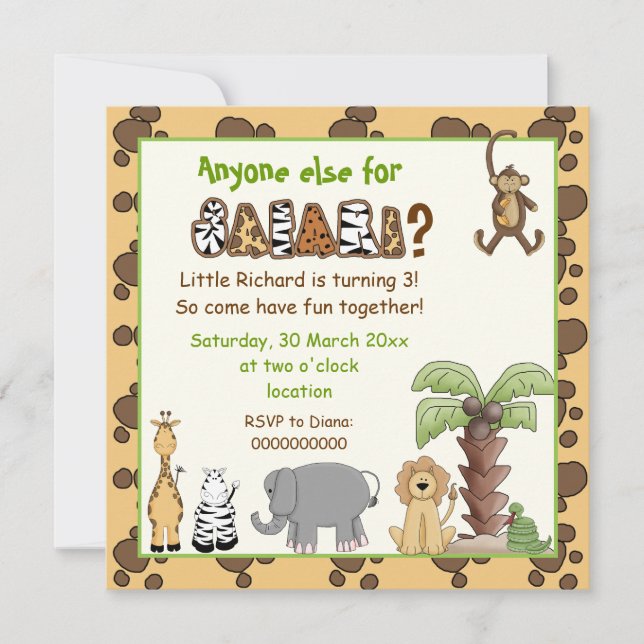 Junglebeige, braune Safari Kindergeburtstag Party Einladung (Vorderseite)