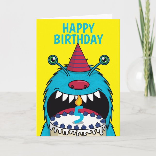 Jungs 5th Birthday Blue Monster Niedlich Karte (Vorderseite)