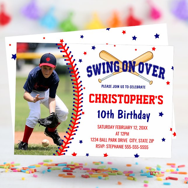 Jungs Baseball Geburtstagsparty-Foto Einladung (Swing On Over Boys Baseball Birthday Party Photo Invitation)