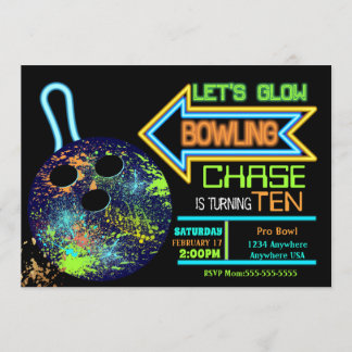 Jungs Bowling Party, Geburtstag Neon glühen Bowlin Einladung