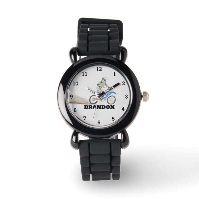 Jungs Cooles Motorrad Schwarzer Individuelle Name  Armbanduhr (Vorderseite)