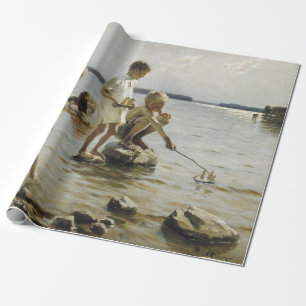 Jungs, die an der Küste spielen (von Albert Edelfe Geschenkpapier