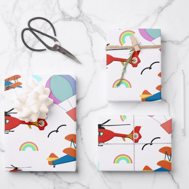 Jungs, die Muster auf Weiß fliegen Geschenkpapier Set (Vorderseite)