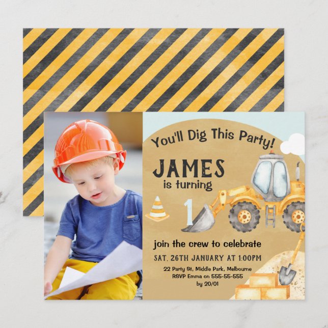 Jungs Foto Baubagger 1. Geburtstag Einladung (Vorne/Hinten)