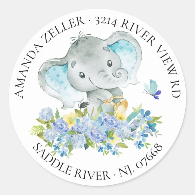 Jungs Happy Elephant Baby Shower Rücksendeadresse Runder Aufkleber (Vorderseite)