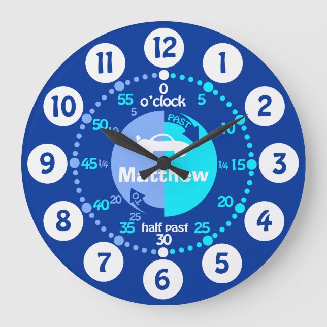 Jungs lernen, die Zeit mit blauer Autouhr zu erzäh Große Wanduhr (Vorderseite)