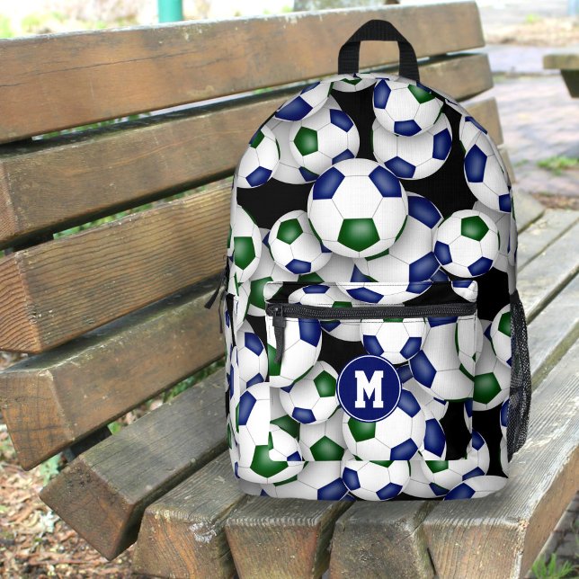 Jungs Mädchen Fußball-Spieler Blau grüne Mannschaf Bedruckter Rucksack (on outdoor bench)