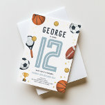 Jungs Moderne Sportstar-Kinder Folieneinladung<br><div class="desc">Dieses niedliche und moderne Cartoon-Design mit Modedesign und Goldfolie-Geburtstagsgeflecht bietet ein Sportdesign mit Basketball, Fußball, Fußball, Tennisschläger, Trophäe und goldenen Stars. Die Einladung kann mit Ihrem Jungennamen und anderen Details personalisiert werden, die für Ihr Party notwendig sind. Die perfekte sportliche Ergänzung zur 12. Geburtstagsparty Ihres Kindes (bearbeiten Sie das Design...</div>