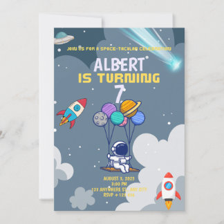 Jungs Moderner Astronaut Grau Kindergeburtstag Einladung