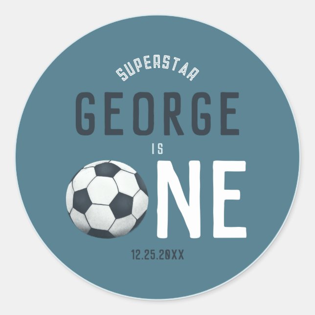 Jungs Niedlich Blue Soccer Danke, Kinder 1. Geburt Runder Aufkleber (Vorderseite)