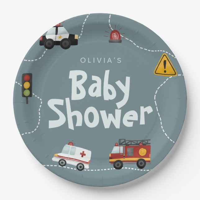 Jungs Niedlich moderne Blue Police Baby Dusche Pappteller (Vorderseite)