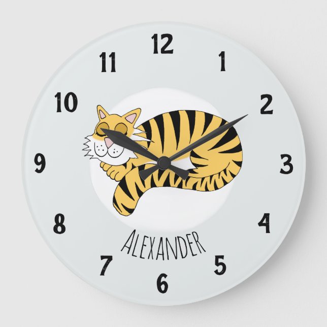 Jungs Niedlicher Jungle Tiger mit Name Kids Kinder Große Wanduhr (Vorderseite)
