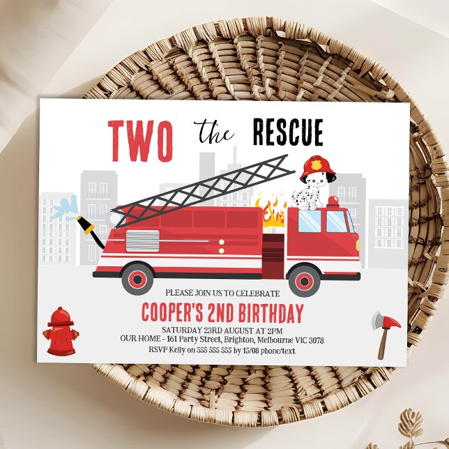 Jungs Red Two, der Rettungsfeuerwehrer zum Geburts Einladung (Two The Rescue 2nd Birthday Invitation Template, Editable Firefighter 2nd Birthday Invitation)