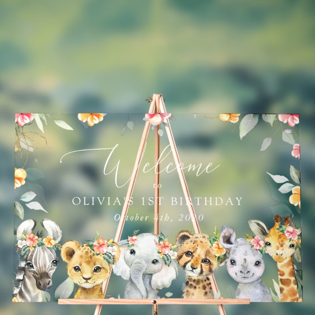 Jungtiere, Blume, Begrüßung zum ersten Geburtstag Acrylschild (Neutral)