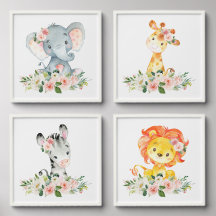 Jungtiere, Safari, rosa Blume, Kinderzimmer