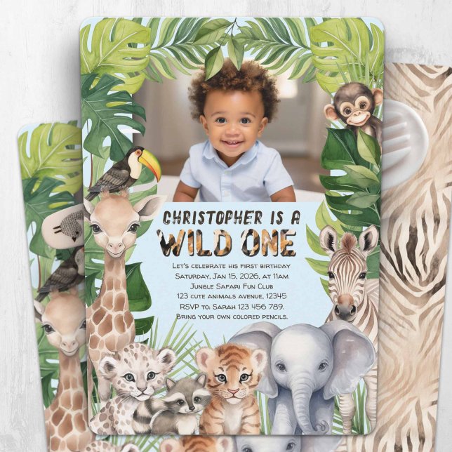 Jungtiere wild 1. Geburtstag Foto Einladung (Blue wild one invitation, Baby boy first birthday photo invitation. Jungle animals themed birthday.)