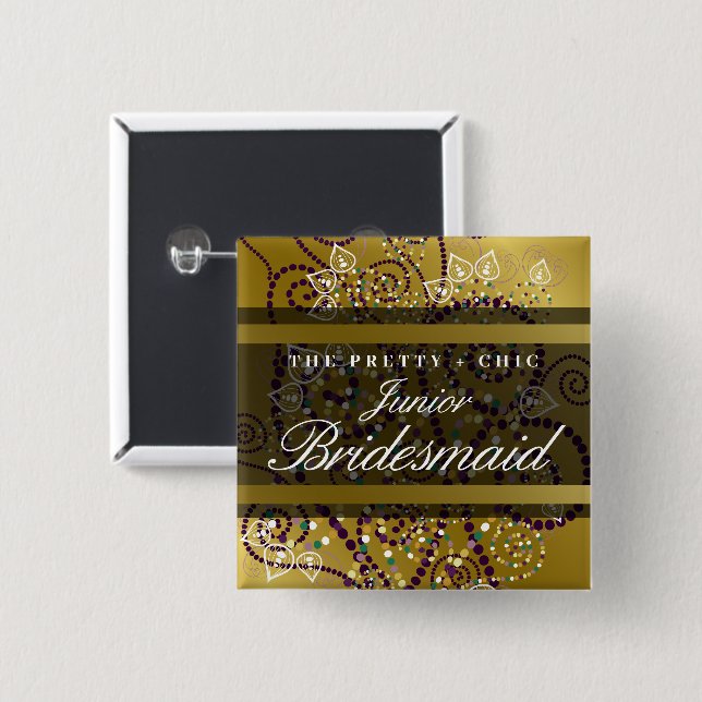 JUNIOR BRIDESMAID Boho Spirals Gold Wedding Button (Vorne & Hinten)