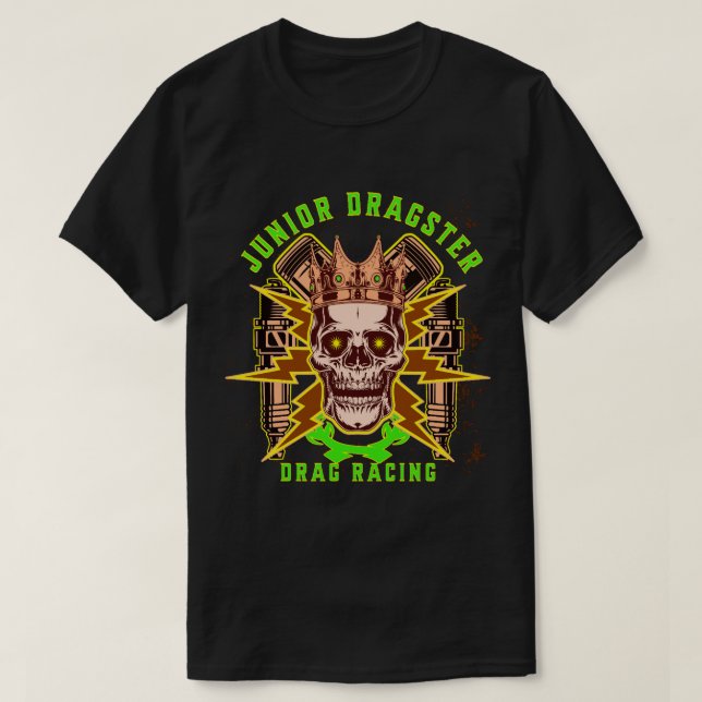 Junior Dragster Drag Racing Skull Spark Plugs Pist T-Shirt (Design vorne)