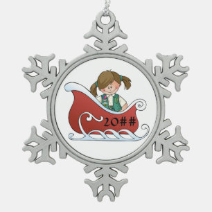 Juniorschlitten brünett schneeflocken Zinn-Ornament