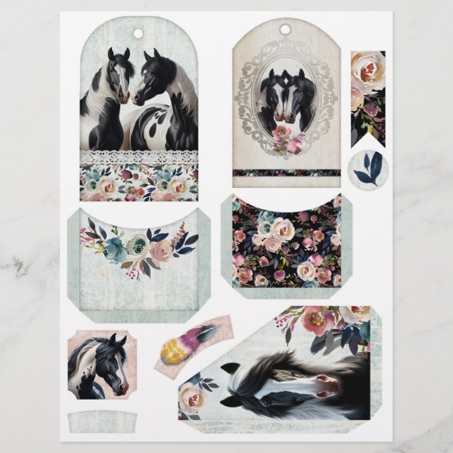 Junk Journal Ephemera mit Hübschen Pinto Pferden (Vorderseite)