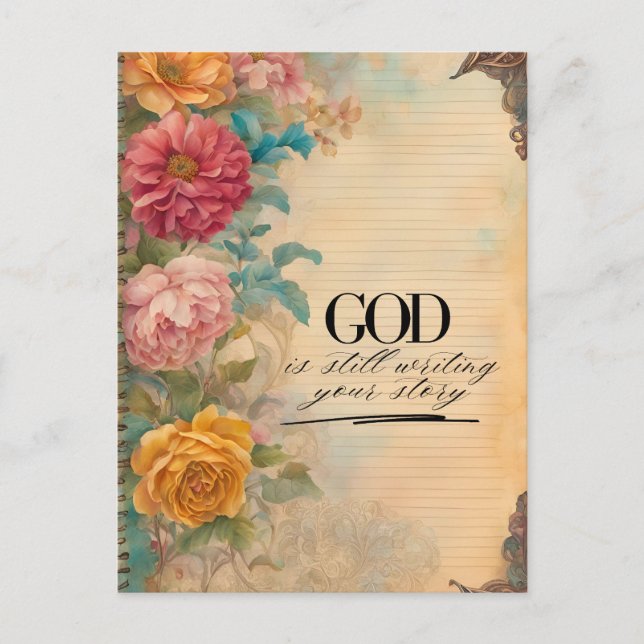 Junk Journal God schreibt noch immer Ihre Geschich Postkarte (Vorderseite)