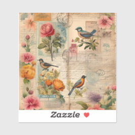 Junk Journal Seite mit Blumen + Vögel -  Aufkleber