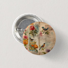 Junk Journal Seite mit Blumen + Vögel - Button