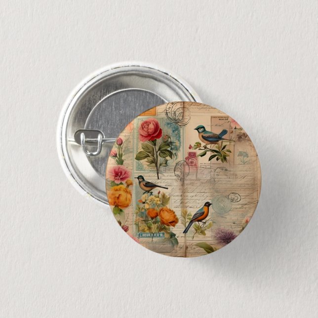 Junk Journal Seite mit Blumen + Vögel -  Button (Vorne & Hinten)