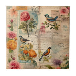 Junk Journal Seite mit Blumen + Vögel -  Fliese