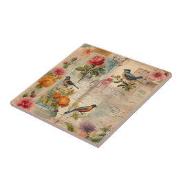 Junk Journal Seite mit Blumen + Vögel - Fliese
