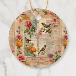 Junk Journal Seite mit Blumen + Vögel -  Geschenkanhänger