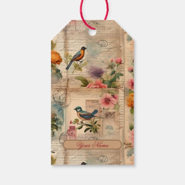 Junk Journal Seite mit Blumen + Vögel -  Geschenkanhänger (Rückseite)