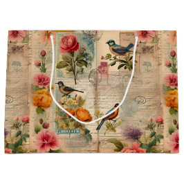Junk Journal Seite mit Blumen + Vögel -  Große Geschenktüte