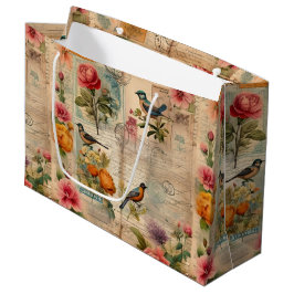 Junk Journal Seite mit Blumen + Vögel - Große Geschenktüte