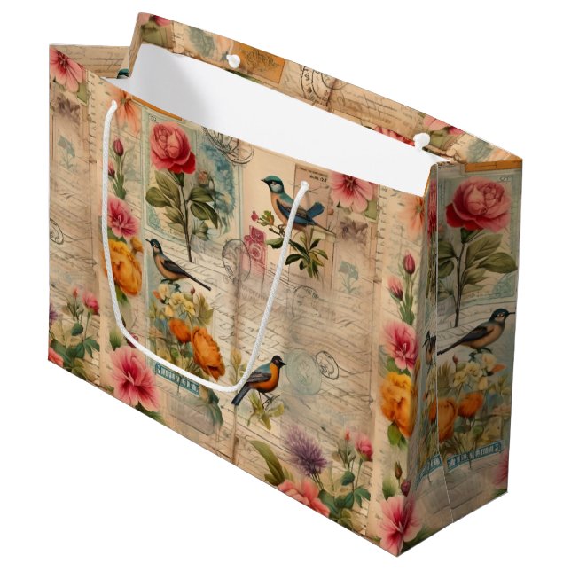 Junk Journal Seite mit Blumen + Vögel -  Große Geschenktüte (Vorderseite Schrägansicht)