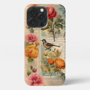 Junk Journal Seite mit Blumen + Vögel -  iPhone 13 Pro Hülle