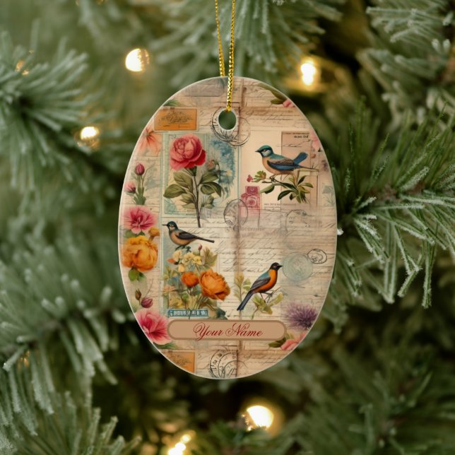 Junk Journal Seite mit Blumen + Vögel -  Keramik Ornament (Baum)