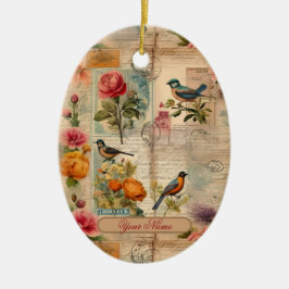 Junk Journal Seite mit Blumen + Vögel -  Keramik Ornament