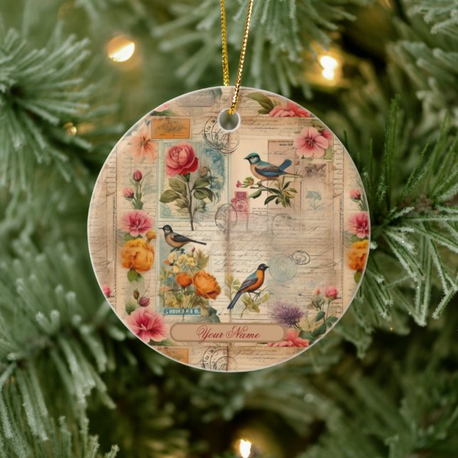 Junk Journal Seite mit Blumen + Vögel -  Keramik Ornament (Baum)