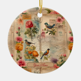 Junk Journal Seite mit Blumen + Vögel -  Keramik Ornament